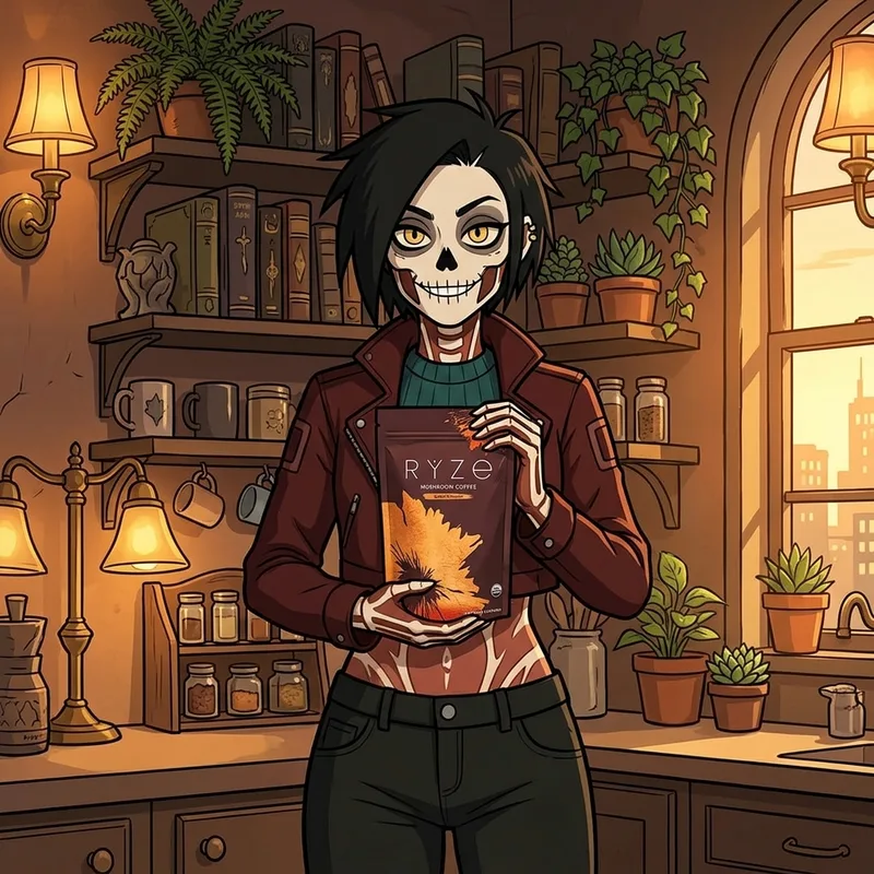Animated woman holding a bag of RYZE mushroom coffee in her kitchen