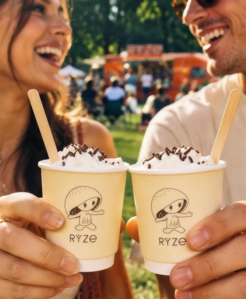 Two people laughing while holding RYZE coffee cups at an outdoor event