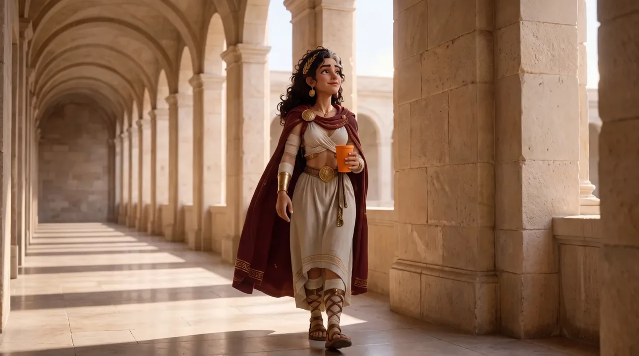 Animated Roman woman walking a sunlit colonnade with a cup of coffee