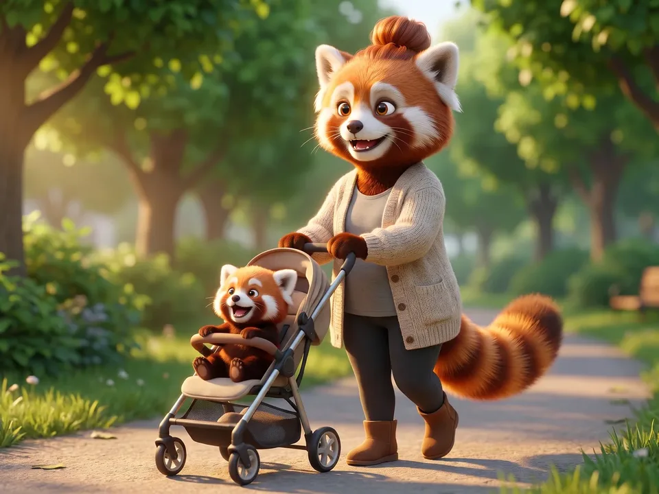 The red panda mom laughing as she pushes the stroller along a sunny park path in the morning, her baby sitting up.