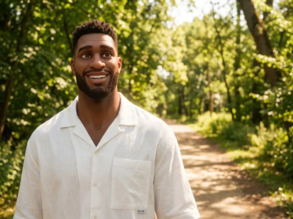 The same man walking easy along a sunlit park path in a white linen shirt, smiling