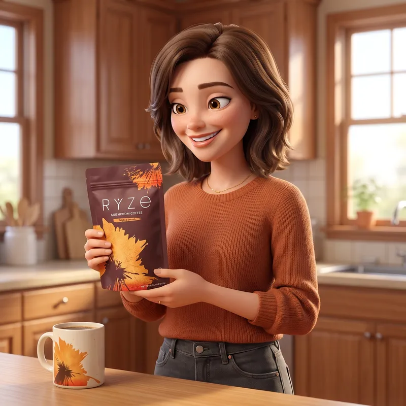 The mom holding the brown RYZE Mushroom Coffee pouch in her kitchen