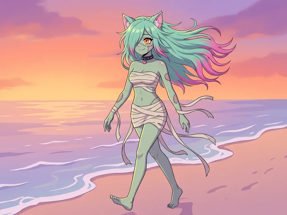 The same anime cat girl strolling along a pastel beach at sunset with an easy smile, no cup.