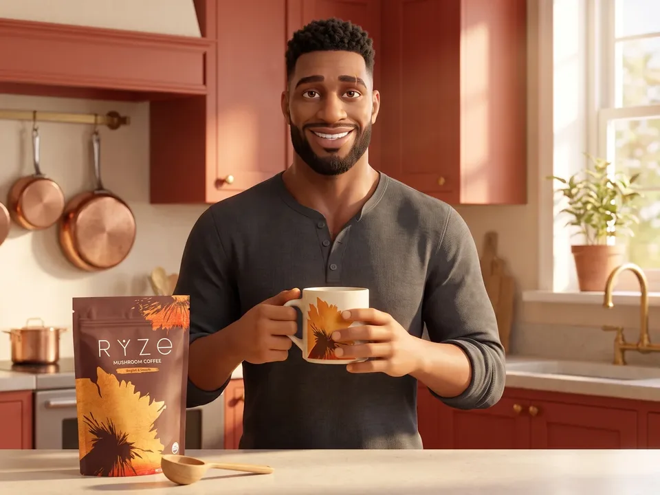 The man with his RYZE mug in both hands at the sunlit kitchen counter, the brown RYZE pouch and the wooden scoop beside him