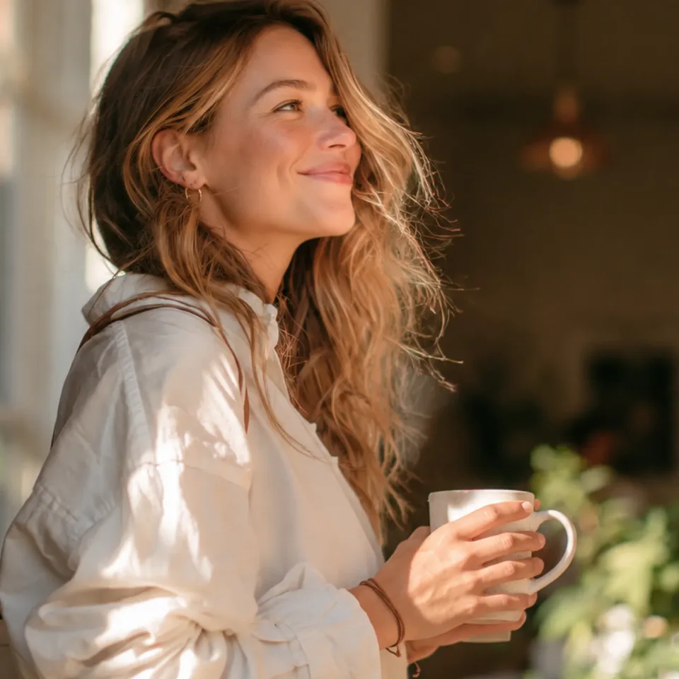 Woman smiling in warm morning light, holding a mug of RYZE mushroom coffee