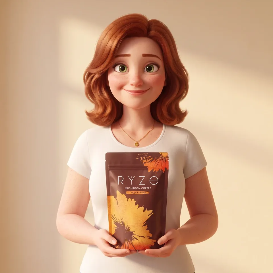 The animated 47-year-old woman from the ad, auburn hair, gold pendant, holding the brown RYZE Mushroom Coffee pouch with both hands