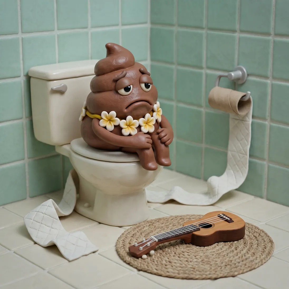 The sad claymation poop character slumped on the closed toilet lid with the toilet roll unspooled across the floor, cool light.