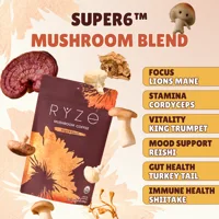 The Super6 mushroom blend: Lion's Mane for focus, Cordyceps for stamina, King Trumpet for vitality, Reishi for mood support, Turkey Tail for gut health, Shiitake for immunity