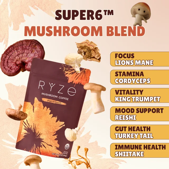 The Super6 mushroom blend: Lion's Mane for focus, Cordyceps for stamina, King Trumpet for vitality, Reishi for mood support, Turkey Tail for gut health, Shiitake for immunity