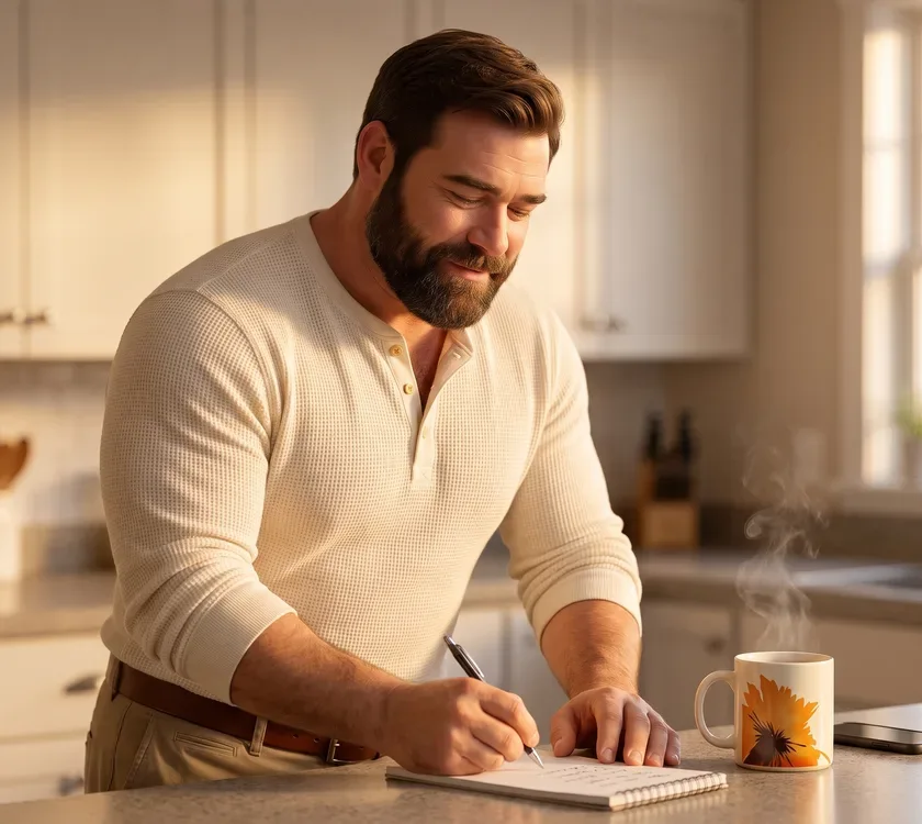 The animated bearded dad at his kitchen counter writing a list on a notepad, focused and calm, his RYZE mug steaming beside him.