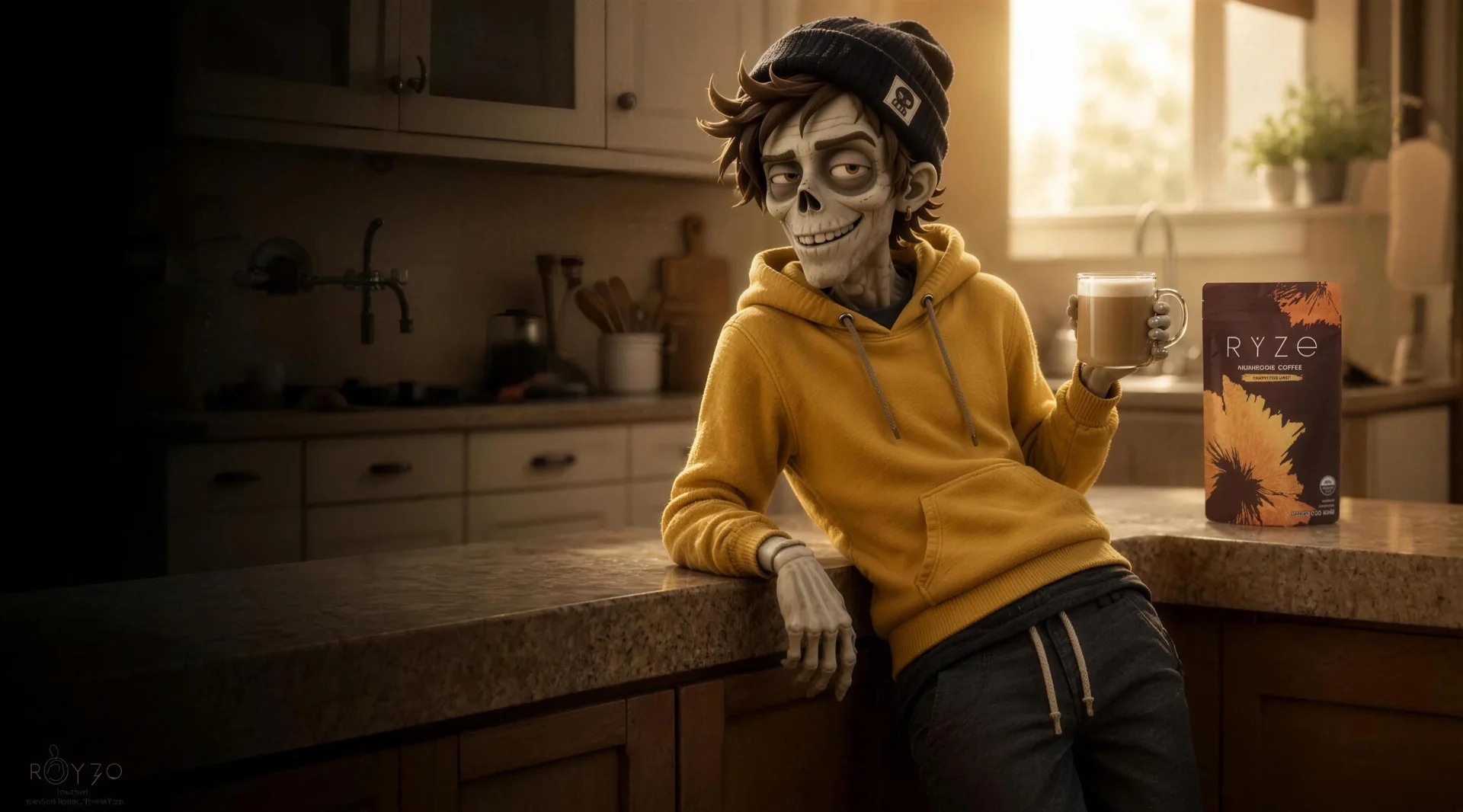 A skeleton character in a yellow hoodie leaning on a sunlit kitchen counter with a latte and a bag of RYZE mushroom coffee