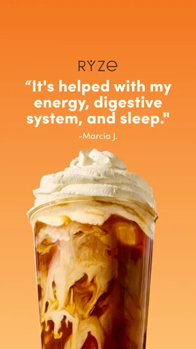 An iced RYZE coffee topped with cream: “It's helped with my energy, digestive system, and sleep.” — Marcia J.