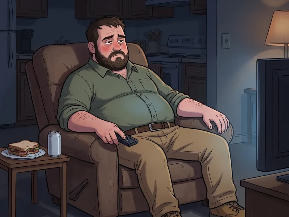 The animated bearded foreman sunk into his recliner late at night in his work clothes, the remote in one hand, a half-eaten plate beside him, staring at the TV.