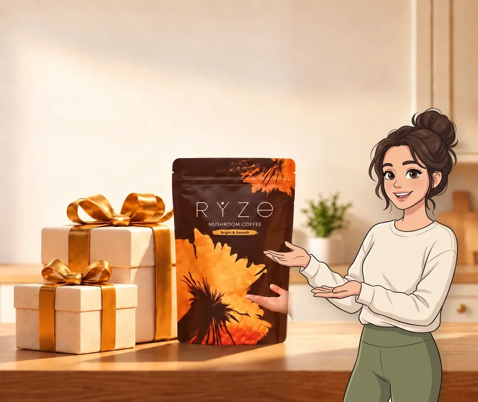 UP TO 40% OFF + FREE GIFTS. RYZE coffee and two wrapped gifts on a kitchen counter with the illustrated woman presenting them in the foreground.