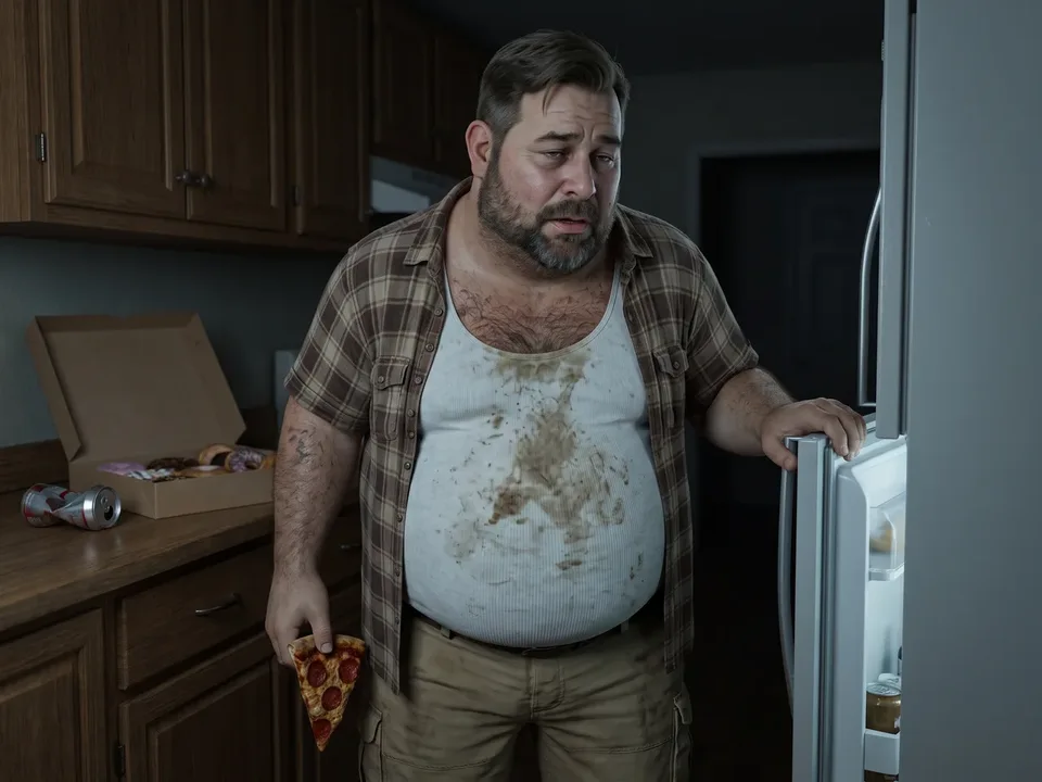 The animated bearded dad in a stained tank top at the open fridge at night, a cold slice of pizza in his hand, doughnuts and a soda can on the counter.