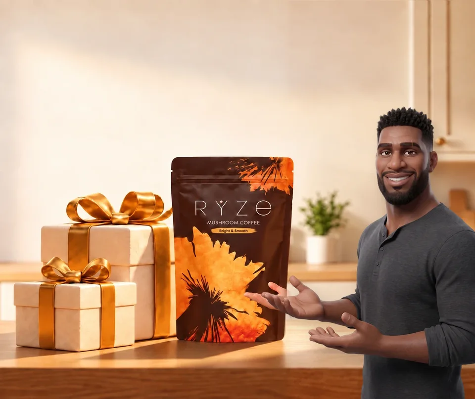 UP TO 40% OFF + FREE GIFTS. RYZE coffee and two wrapped gifts on a kitchen counter with the animated man presenting them in the foreground.