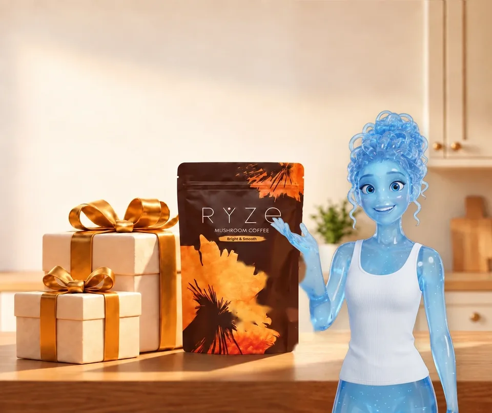UP TO 40% OFF + FREE GIFTS. RYZE coffee and two wrapped gifts on a kitchen counter with the translucent blue glass woman from the ad presenting them in the foreground.