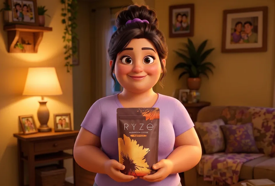 The animated mom standing in her living room holding the brown RYZE Mushroom Coffee pouch with both hands, smiling.