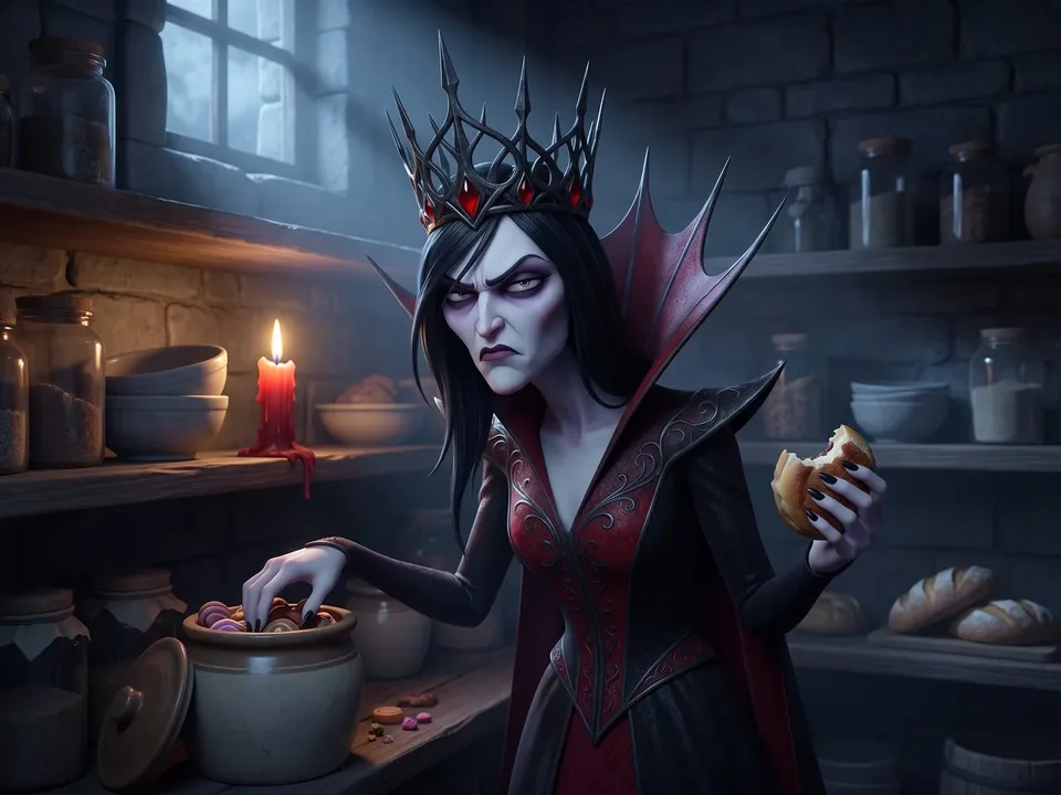 The animated gothic queen raiding the pantry shelf at ten at night by candlelight, scowling, a half-eaten pastry in hand