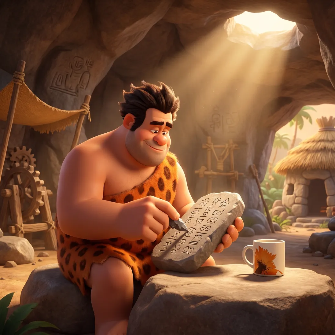 The same caveman locked in and carving a stone tablet in his sunlit cave, his RYZE mug beside him