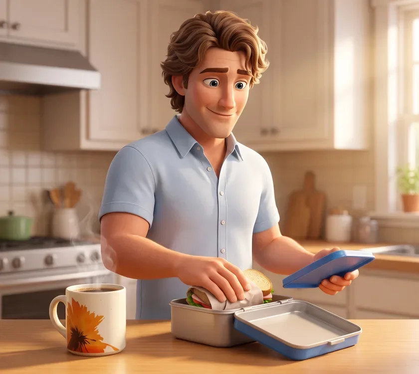 The animated dad packing a lunchbox at his kitchen counter in the morning, calm and unhurried, his RYZE mug steaming beside him.