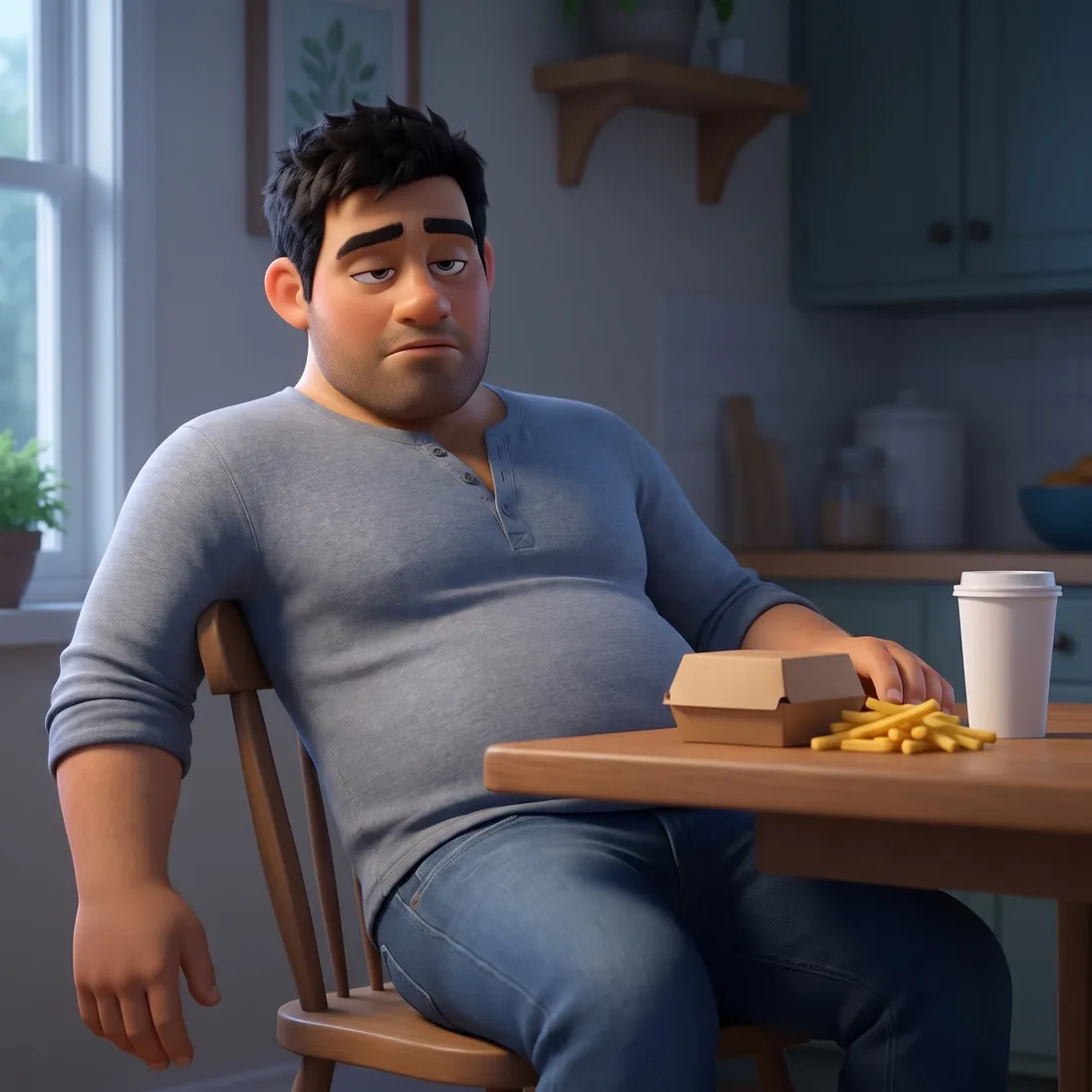 The animated man slumped at the kitchen table an hour after a fast-food lunch, hand on his tight shirt, burger box and takeaway cup in front of him