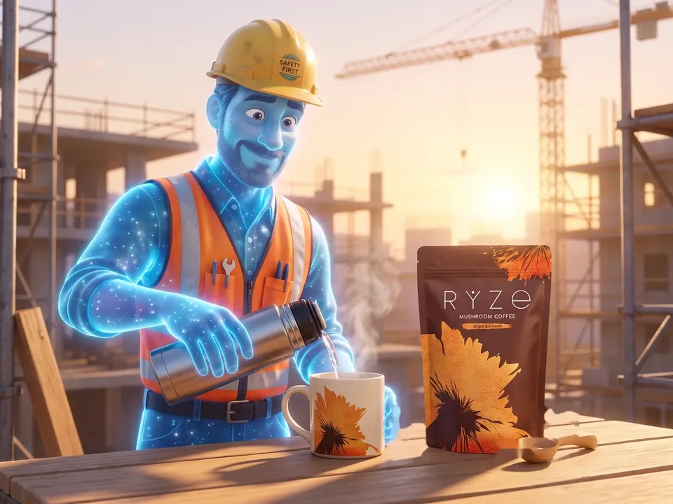 The animated glowing blue construction worker pouring hot water into his RYZE mug at sunrise, the brown RYZE pouch and wooden scoop on the plank.