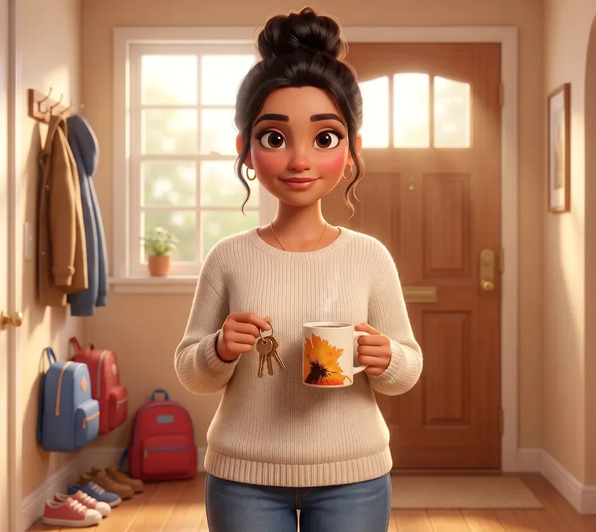 The animated mom standing calm in her hallway on a school morning, keys in one hand and her RYZE mug in the other, backpacks by the door.