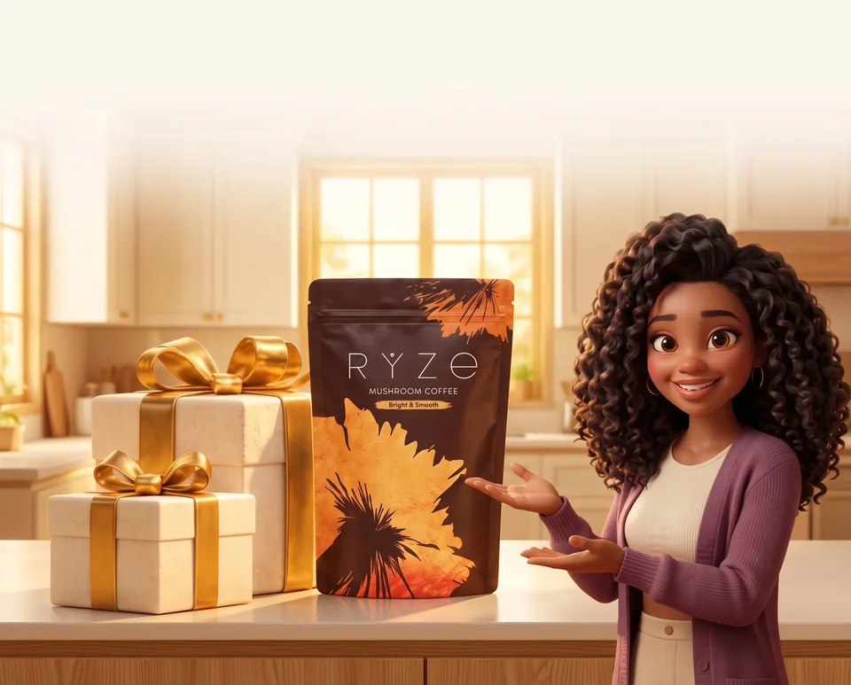 UP TO 40% OFF + FREE GIFTS. RYZE coffee and gift boxes with the page character standing in the foreground, in a home kitchen.