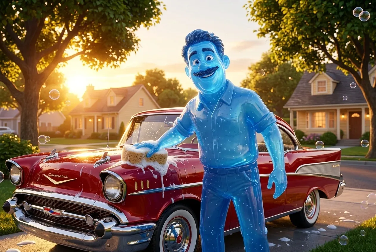 Animated man energetically washing his classic car in low golden afternoon sun