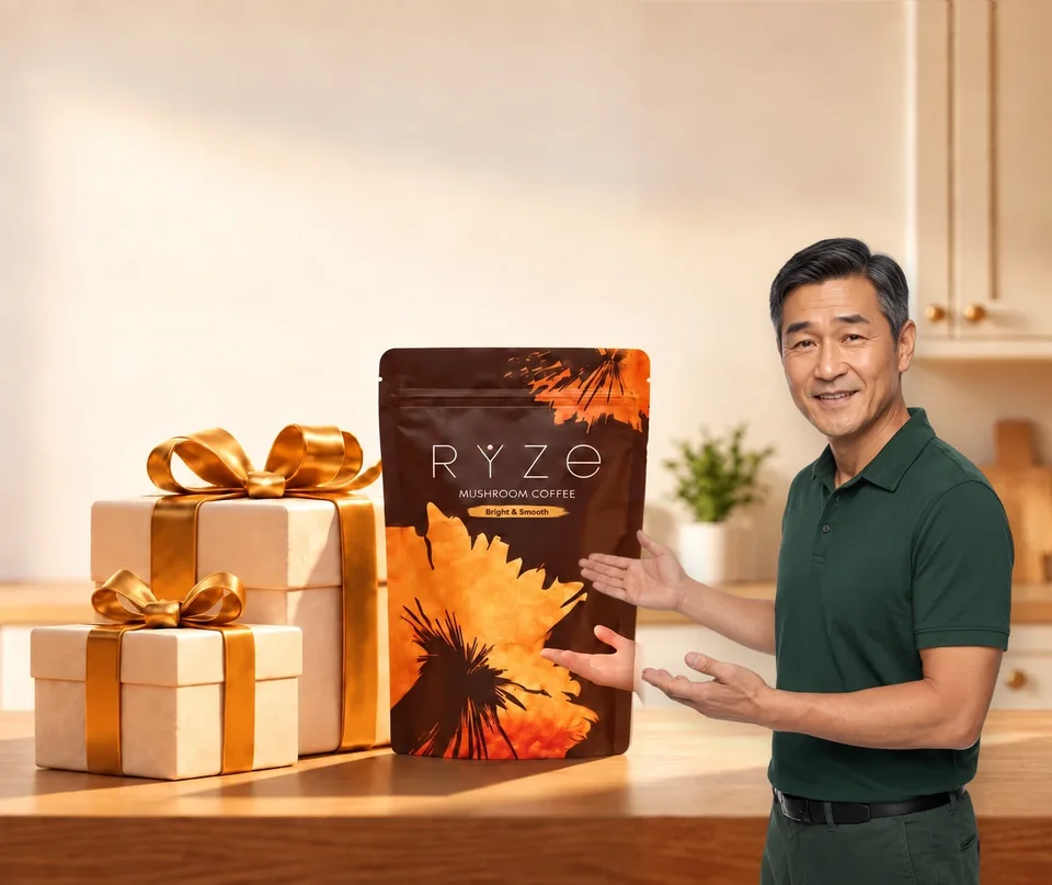 UP TO 40% OFF + FREE GIFTS. RYZE coffee and two wrapped gifts on a kitchen counter with the man in the dark-green polo turned toward them, presenting them with open palms.