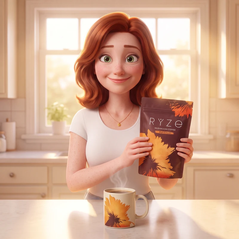 The animated 47-year-old woman from the ad, auburn hair, gold pendant, holding the brown RYZE Mushroom Coffee pouch in her bright kitchen, mug on the counter