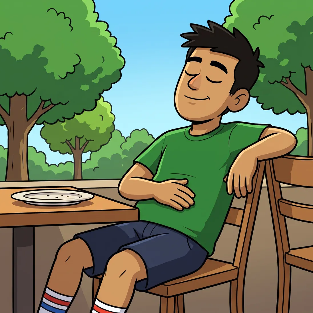 The same cartoon man leaning back relaxed at a sunny cafe table after lunch, one hand resting easily on his stomach