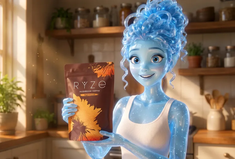 The translucent blue glass woman in her farmhouse kitchen holding the brown RYZE Mushroom Coffee pouch with both hands, smiling.