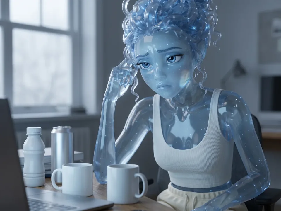 The translucent blue glass woman from the ad at her home desk in flat grey light, rubbing her temple in front of two plain coffee mugs, an energy drink and a