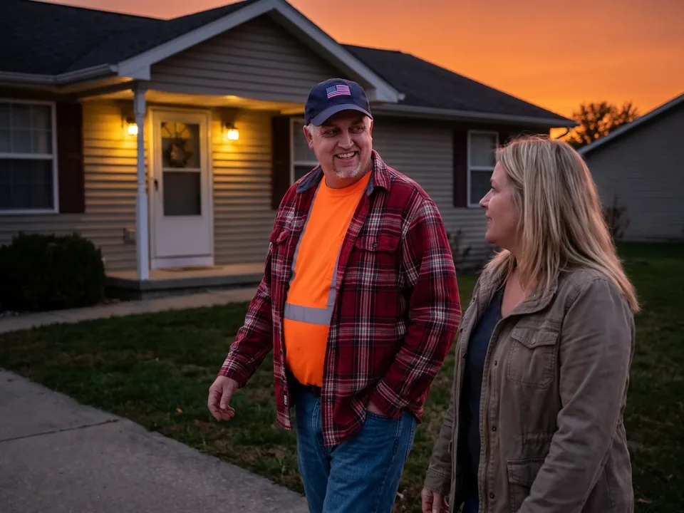 The truck driver from the ad walking with his wife at dusk after parking the truck for the evening.