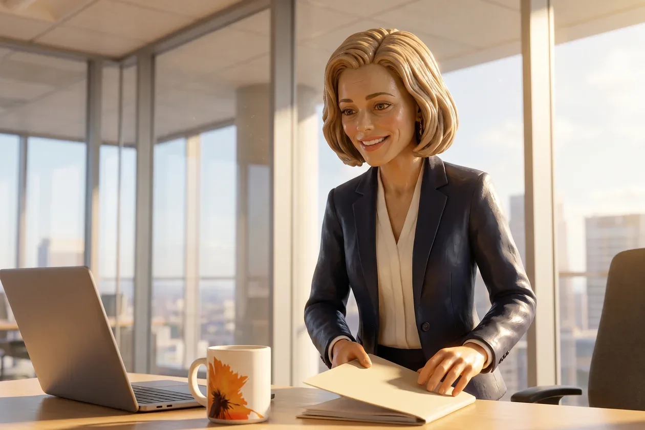 The textured-clay 3D woman from the ad, a slim blonde in her late forties with a chin-length bob upright and energetic at her office desk in the afternoon sun, her RYZE mug beside the laptop.