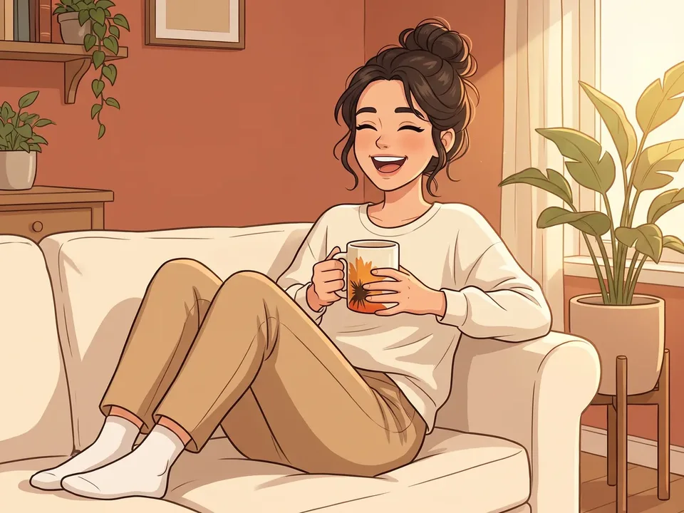 The illustrated woman laughing on her cream sofa in the morning with a RYZE mug in both hands.