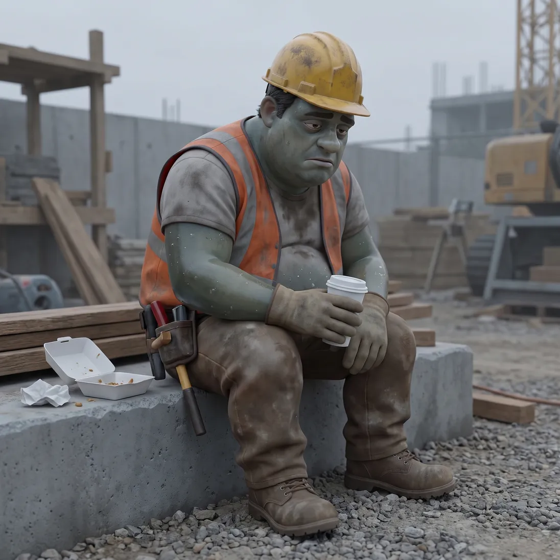 Illustrative animated tired construction worker slumped on a concrete block after lunch with a paper coffee cup