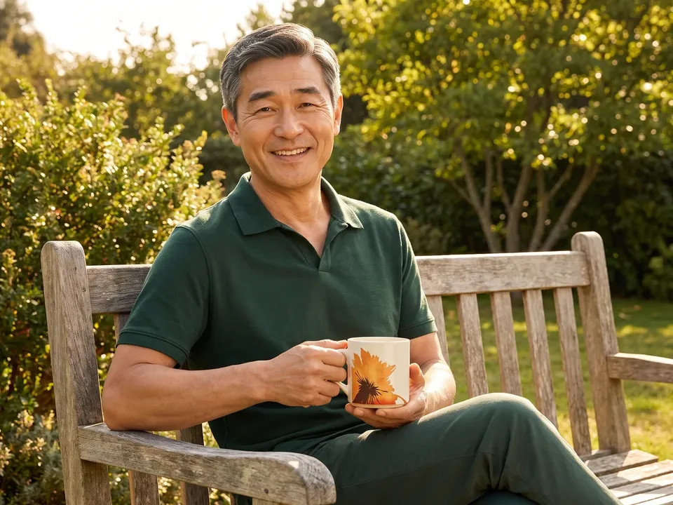 The same man relaxed and smiling on a garden bench in the late-morning sun with a RYZE mug.