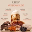 The Super6 mushroom blend: Turkey Tail for gut health, Cordyceps for stamina, Shiitake for immunity, Lion's Mane for focus, King Trumpet for vitality, Reishi for mood support
