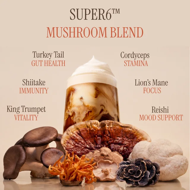 The Super6 mushroom blend: Turkey Tail for gut health, Cordyceps for stamina, Shiitake for immunity, Lion's Mane for focus, King Trumpet for vitality, Reishi for mood support