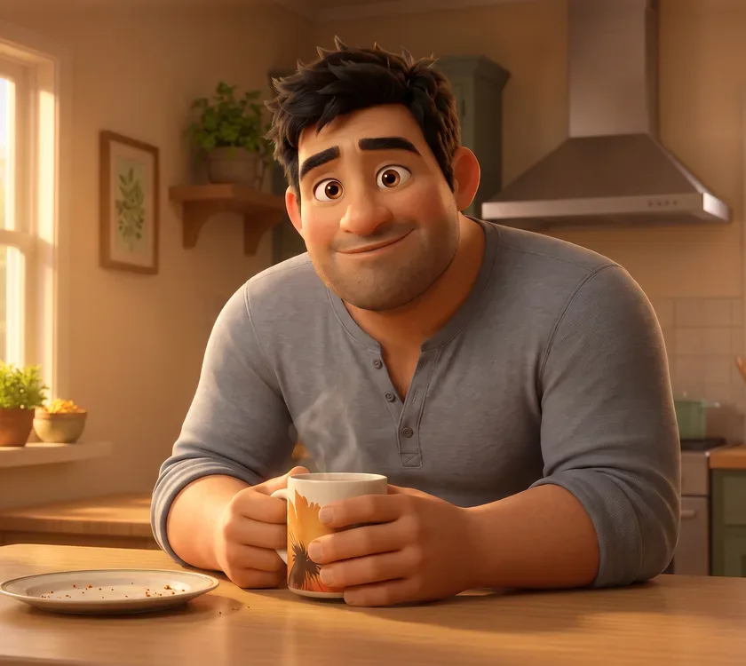 The stocky man leaning on the breakfast counter with both forearms, his RYZE mug held in both hands above the counter.