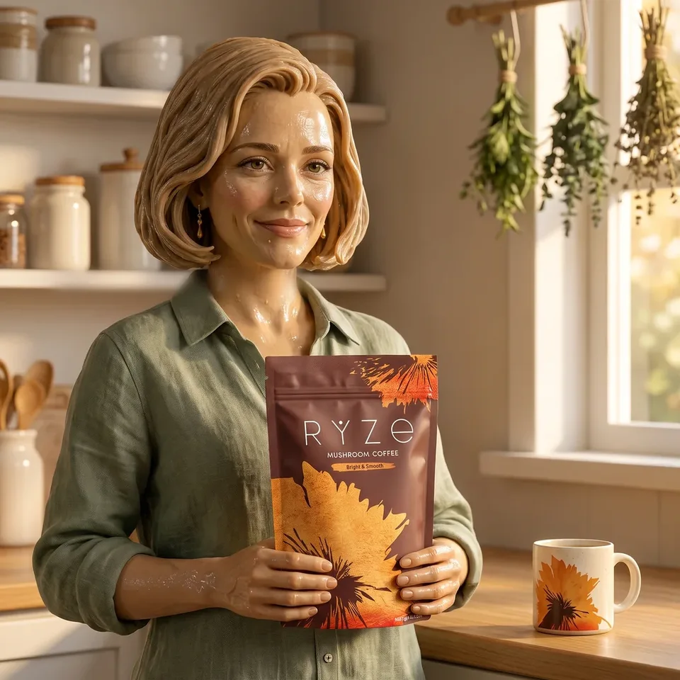 The textured-clay 3D woman from the ad, a slim blonde in her late forties with a chin-length bob holding the brown RYZE Mushroom Coffee pouch with both hands at chest height in her herb kitchen, a RYZE mug on the counter.