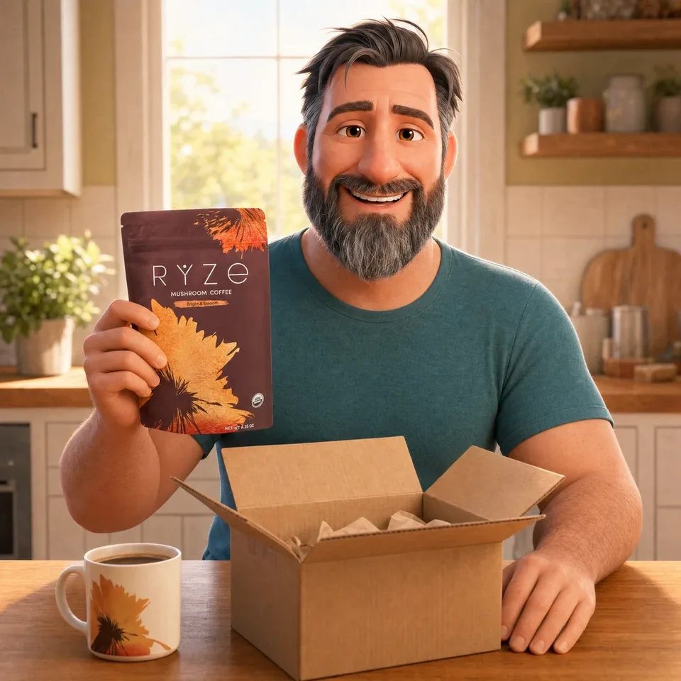 Clay-animation dad holding the RYZE pouch beside his morning cup