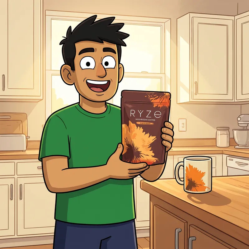 Illustrative cartoon man in a green tee holding the brown RYZE Mushroom Coffee pouch in his kitchen, laughing
