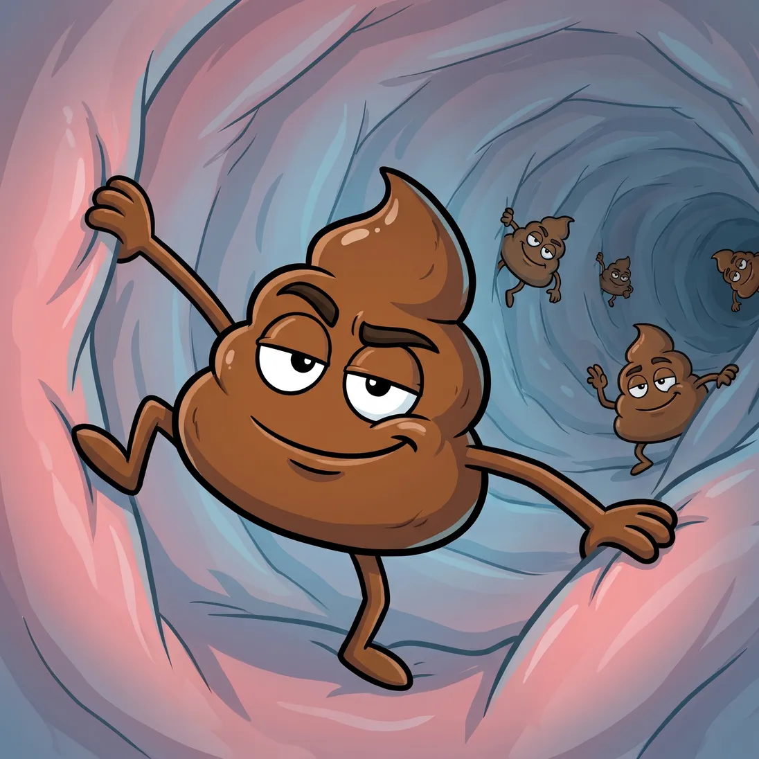 The cartoon talking poop from the ad clinging to a cool-lit colon wall, smug, refusing to let go