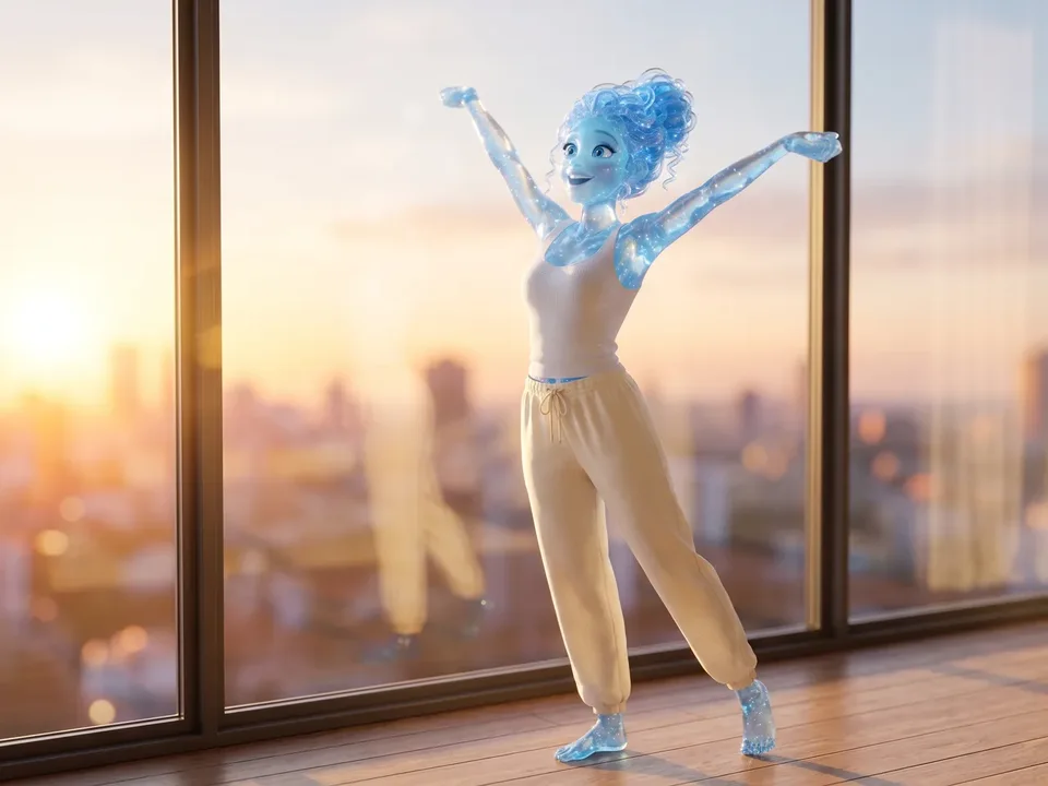 The translucent blue glass woman from the ad stretching happily at her high-rise window at sunrise, the city skyline glowing behind her.