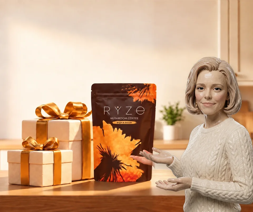 UP TO 40% OFF + FREE GIFTS. RYZE coffee and two wrapped gifts on a kitchen counter with the textured-clay 3d woman from the ad, a slim blonde in her late forties with a chin-length bob presenting them in the foreground.