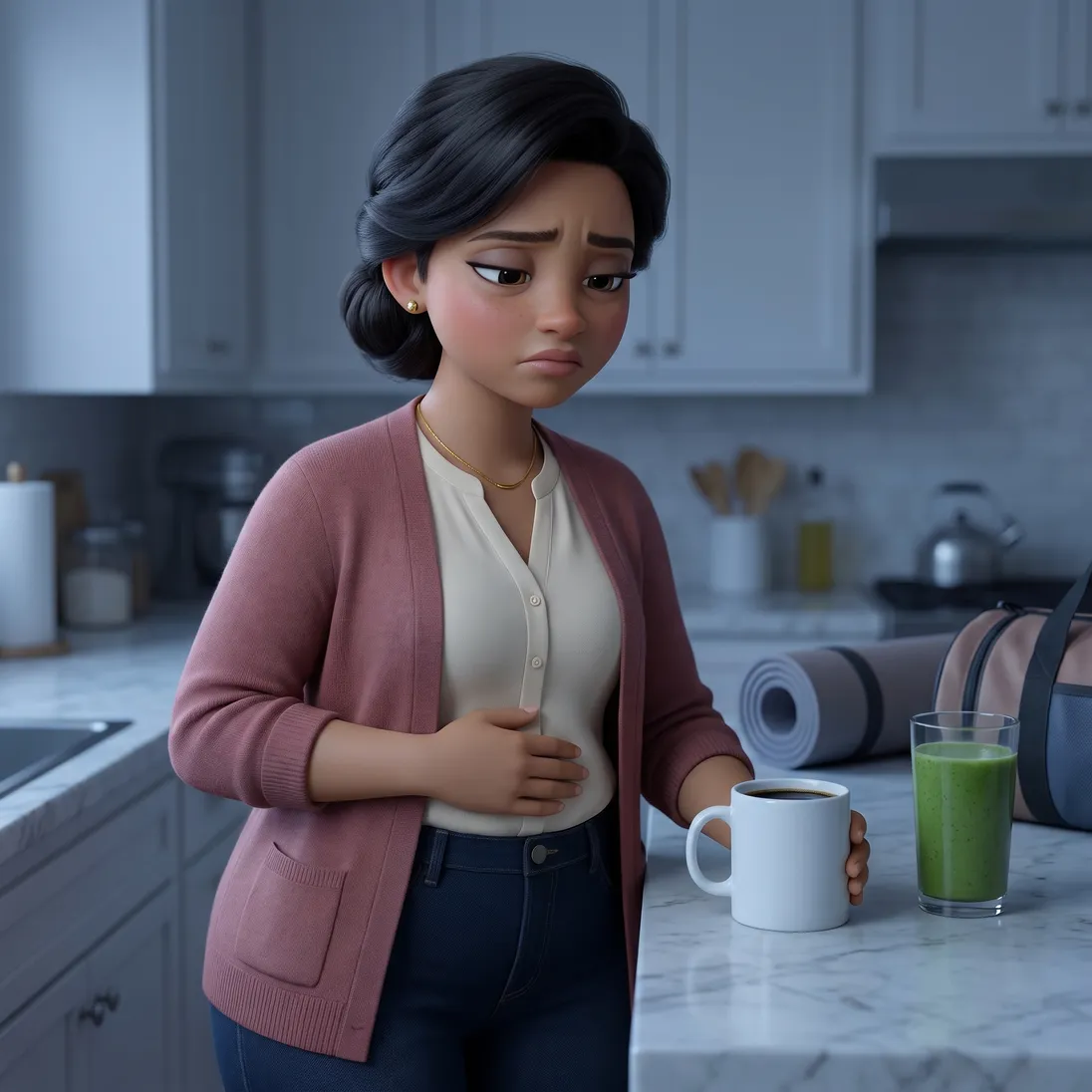 Animated woman puffy and drained at her kitchen counter at 7am with a plain coffee and a green smoothie, gym bag behind her